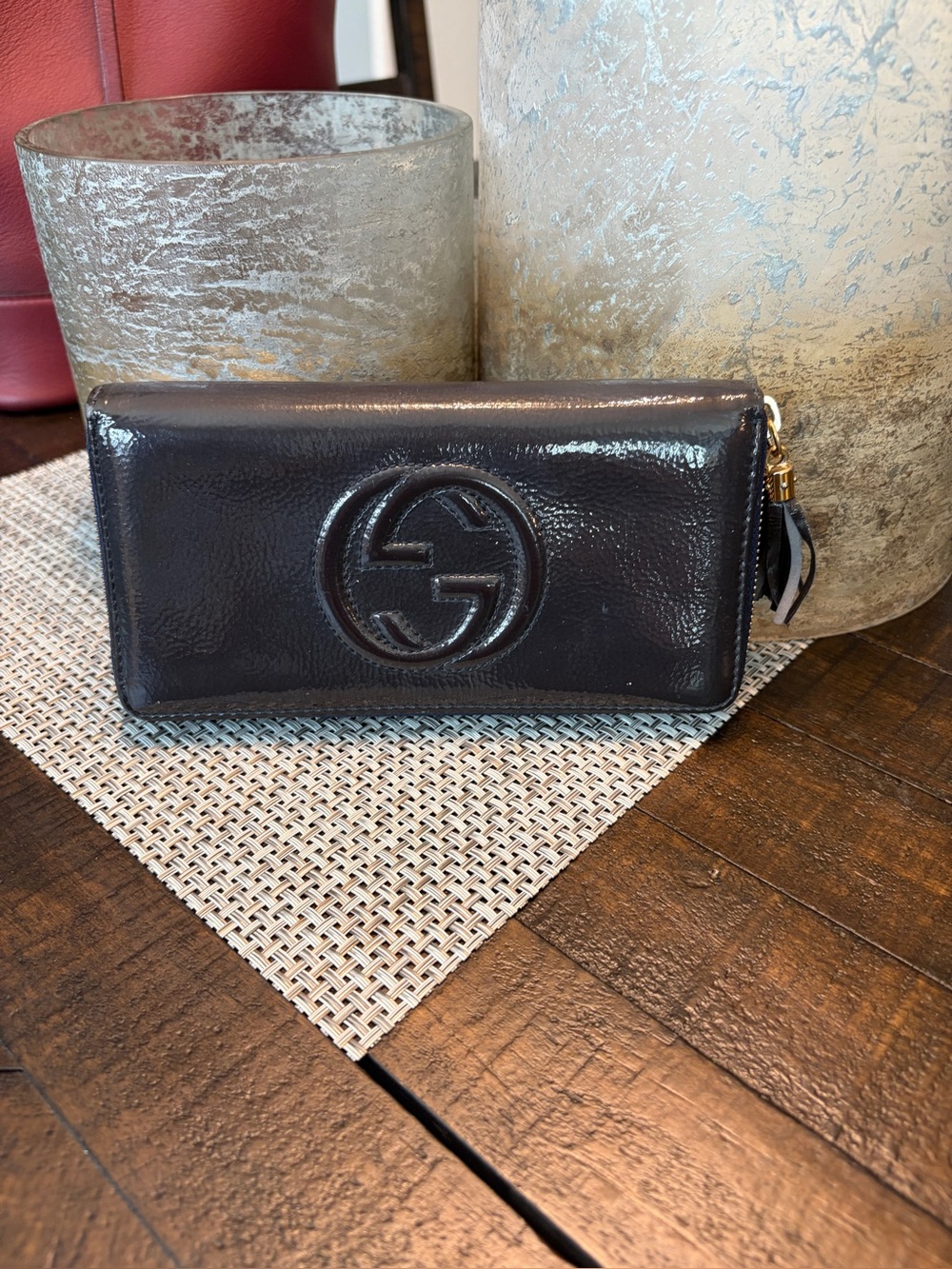 Gucci Navy Patent Leather Zip Around Wallet with Interlocking G